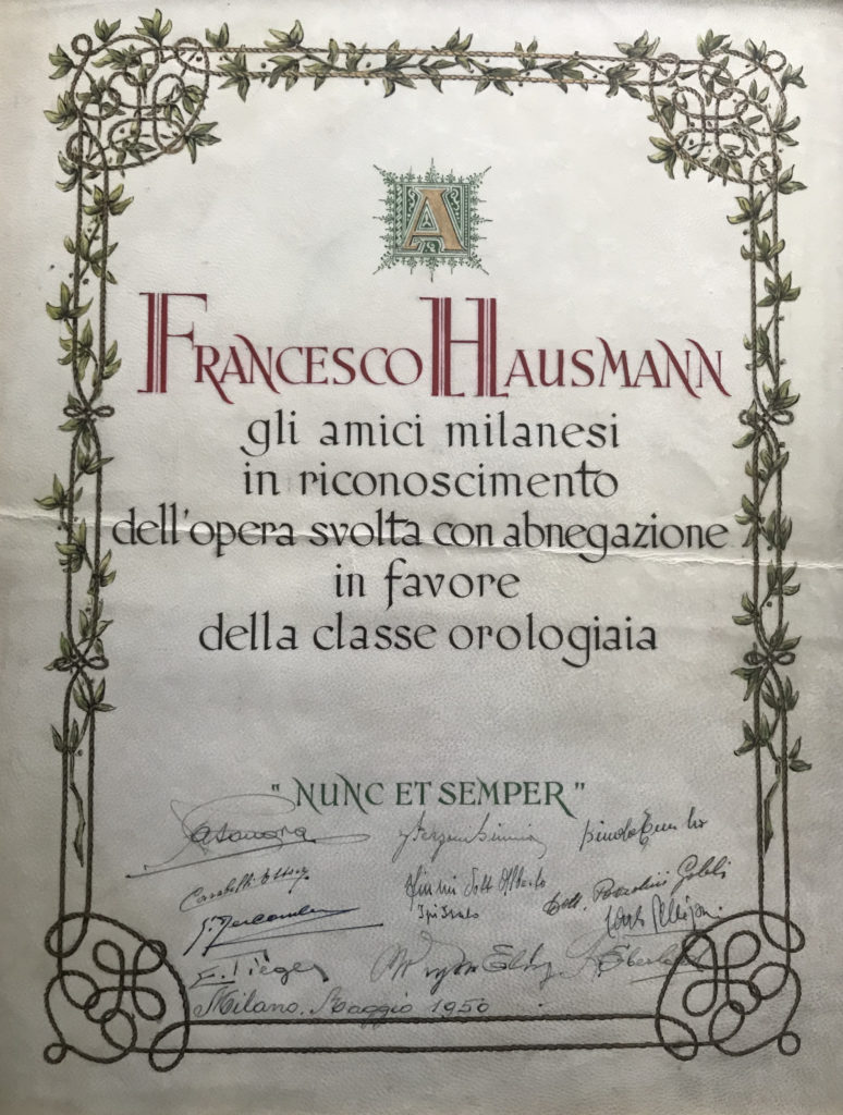 Franz Hausmann e il riconoscimento dall'Associazione degli Orologiai Romani